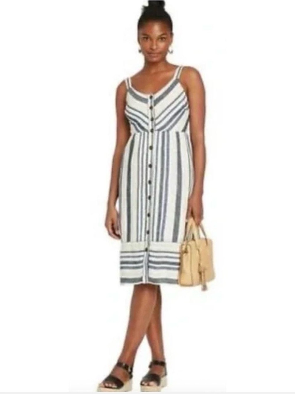 Universal Thread Navy and White Striped Button-Front Midi Dress